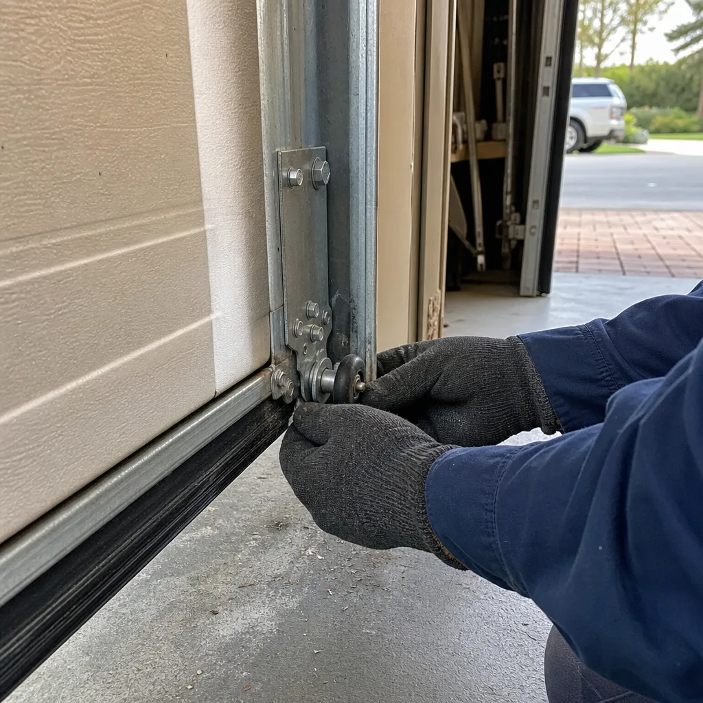 Technician performing emergency garage door roller repair and maintenance.