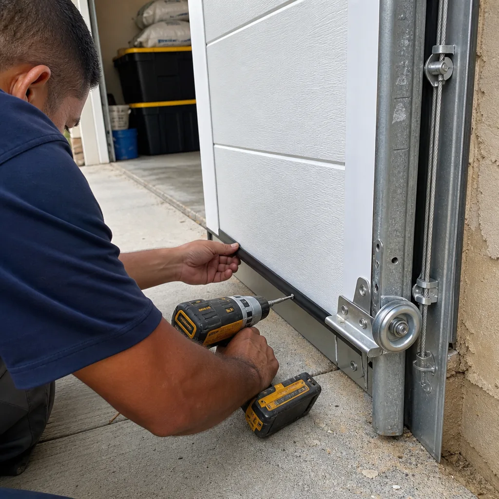 Technician installing rubber weather seal on residential garage door