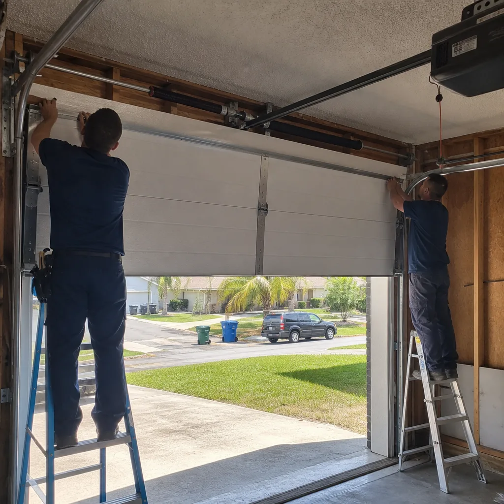 Two professional technicians installing a new residential garage door