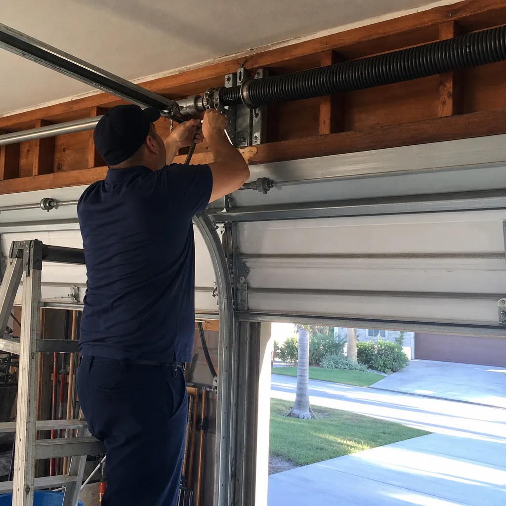 Technician replacing garage door roller and hinge parts.