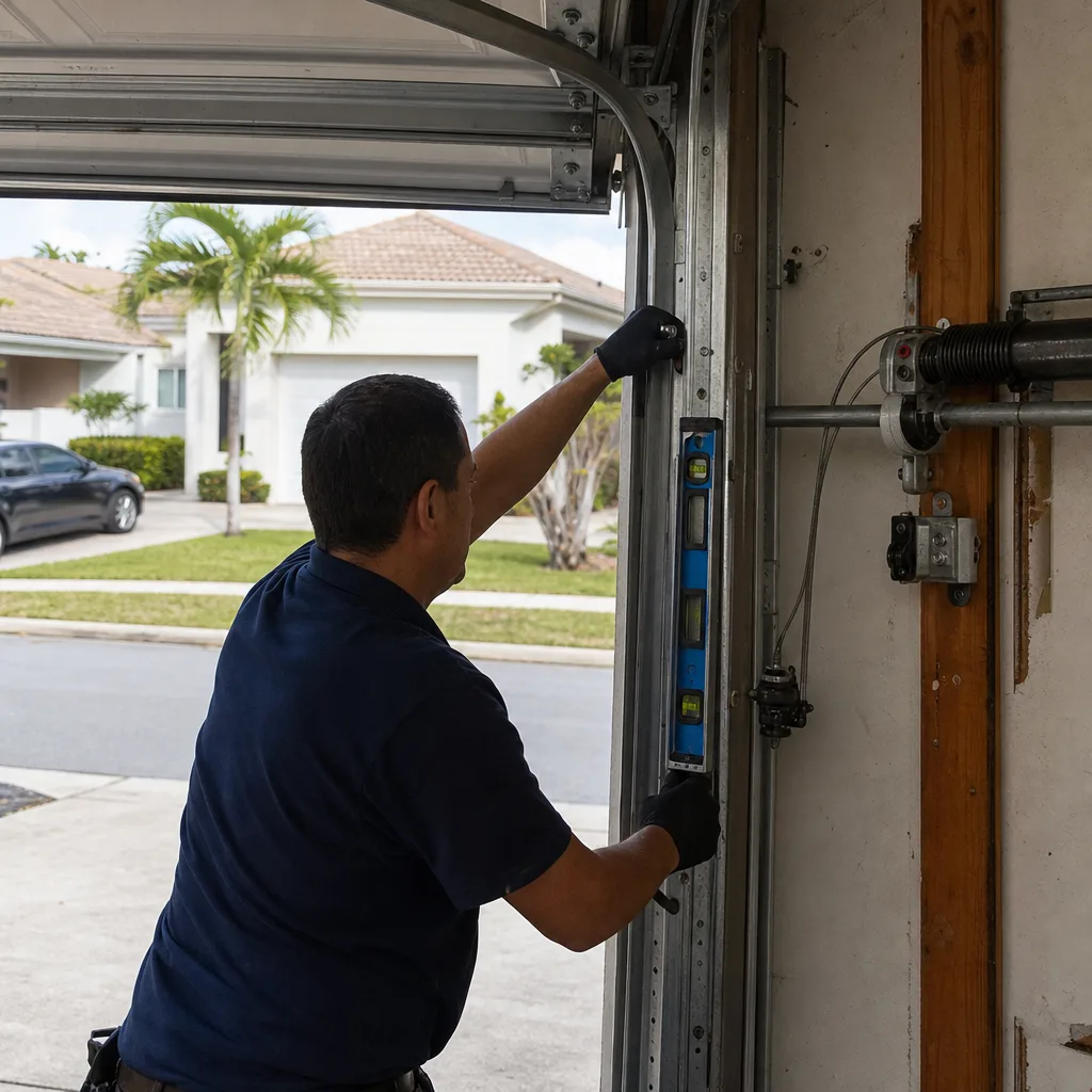 Technician using a level to align garage door track