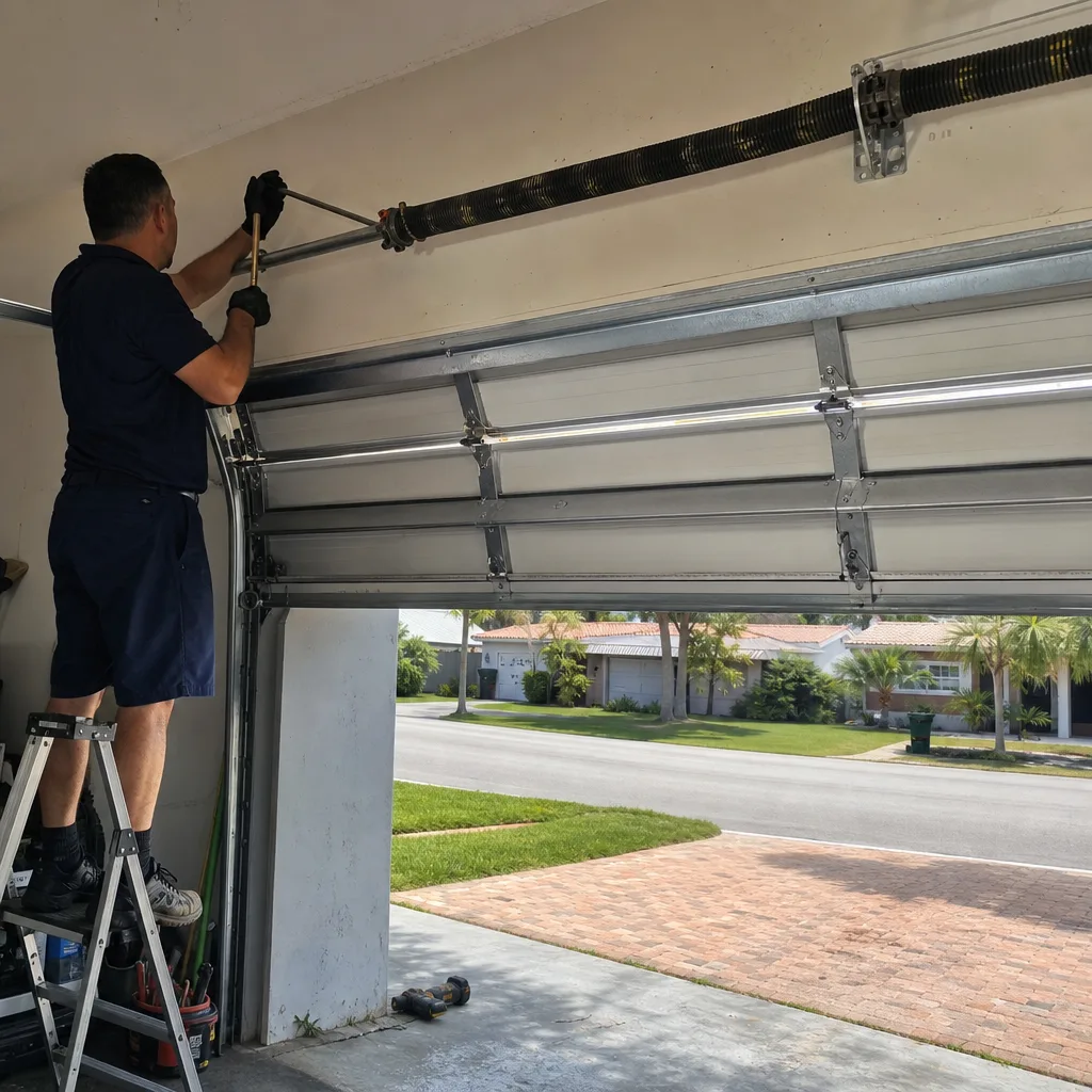 Technician performing professional garage door spring repair and maintenance
